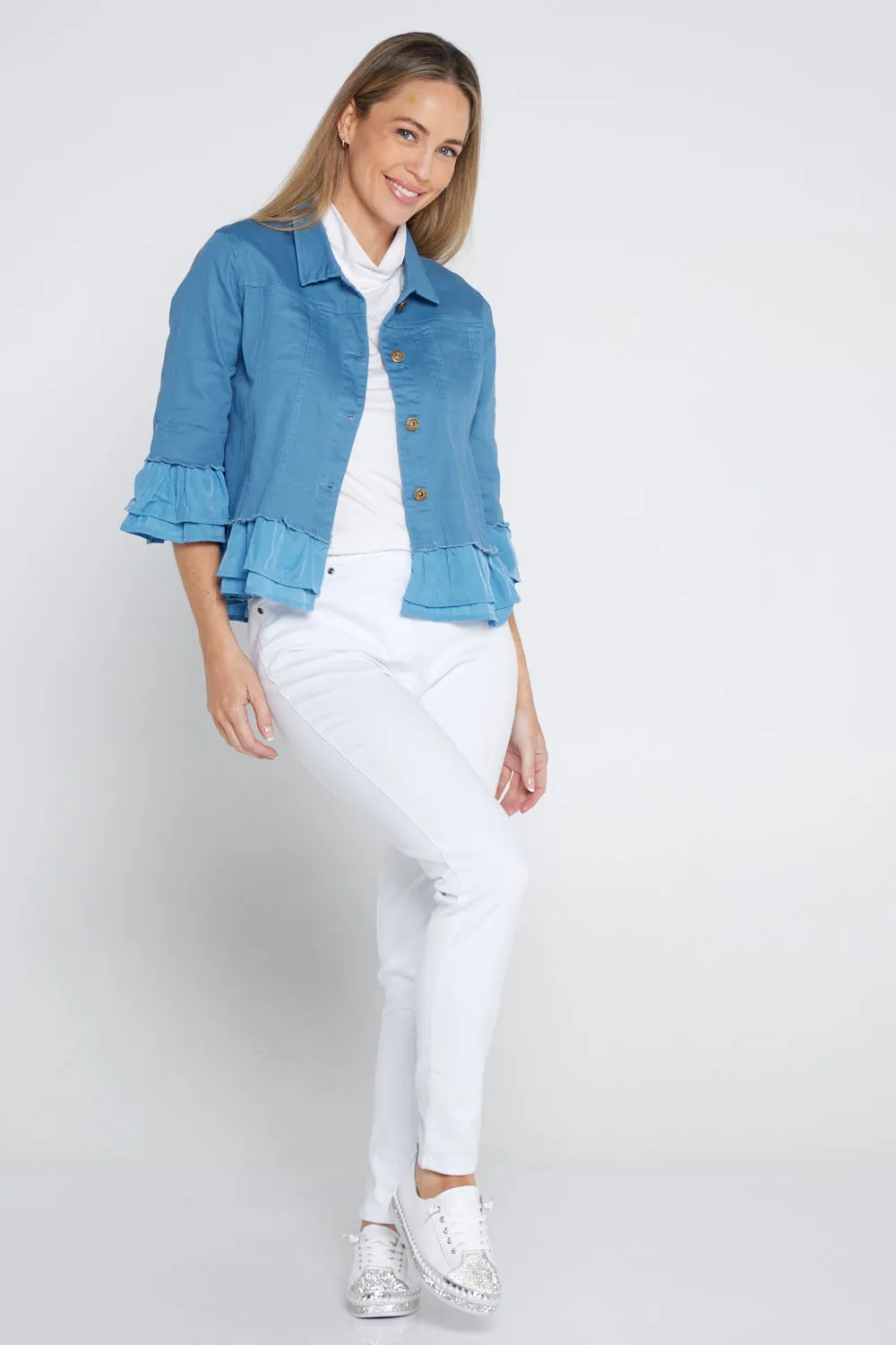 Leelah Cropped Ruffle Denim Jacket - Blue