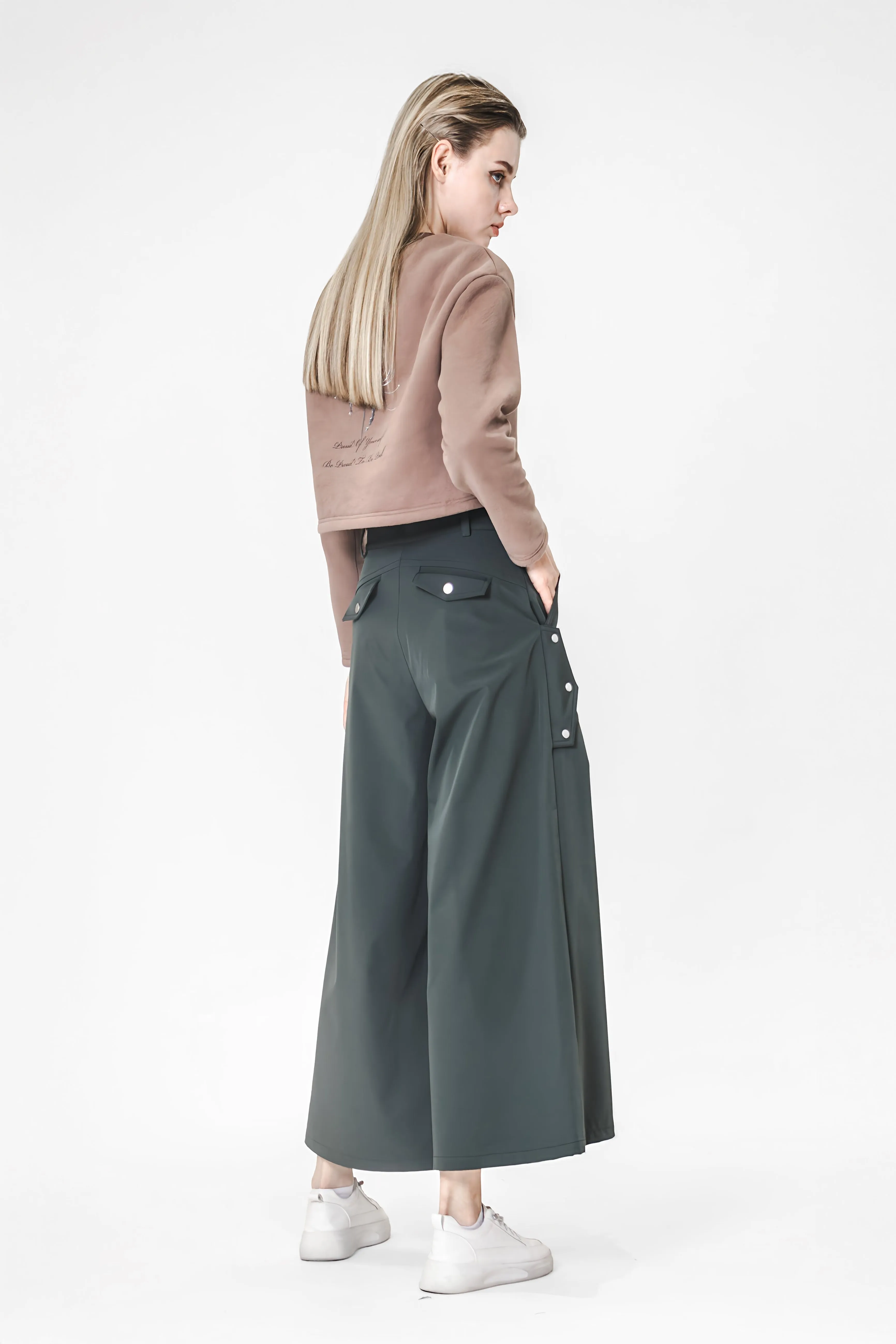 LIGHT BROWN/DARK GREEN UTILITY-STYLE WIDE-LEG PANTS