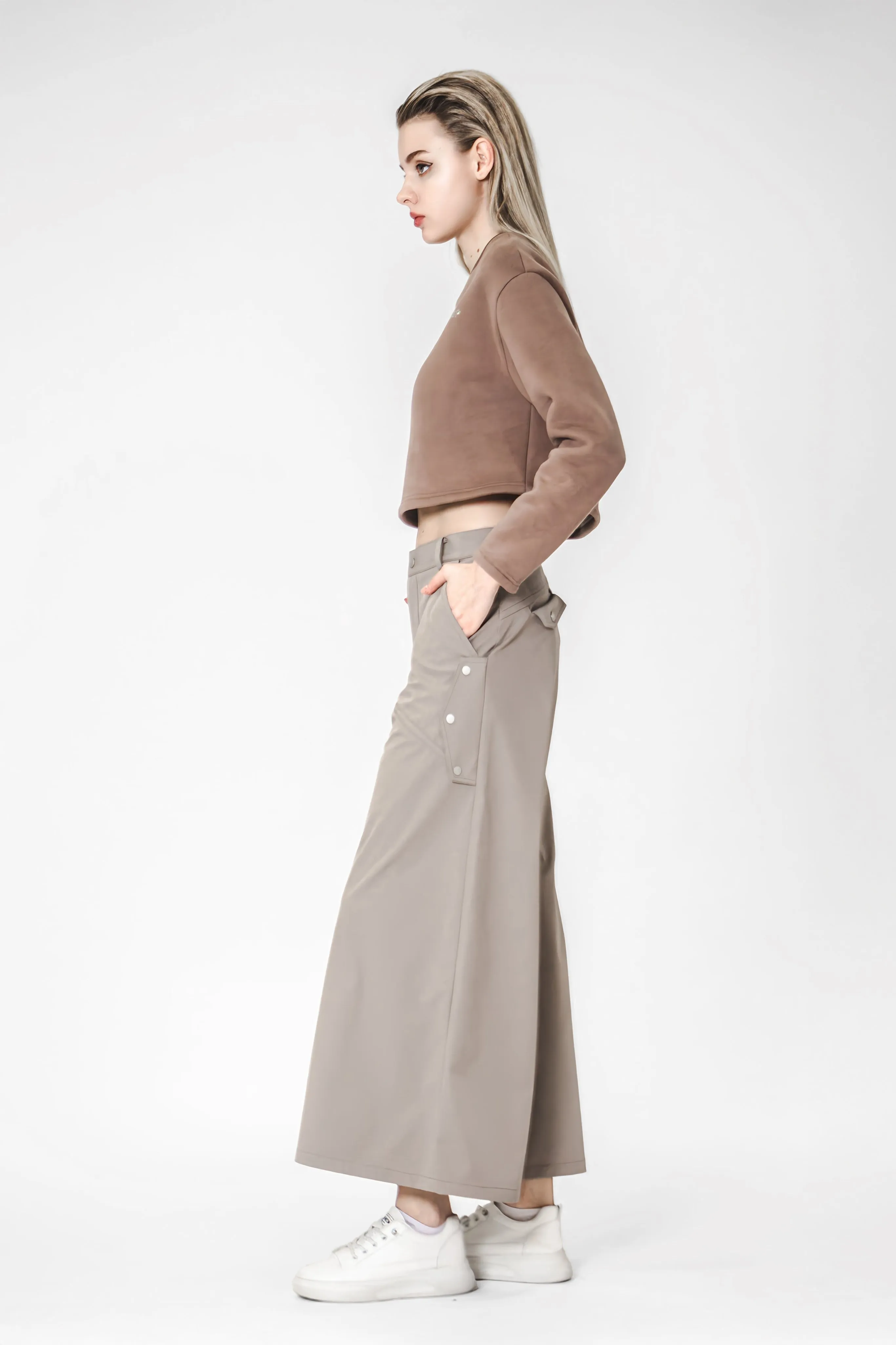 LIGHT BROWN/DARK GREEN UTILITY-STYLE WIDE-LEG PANTS