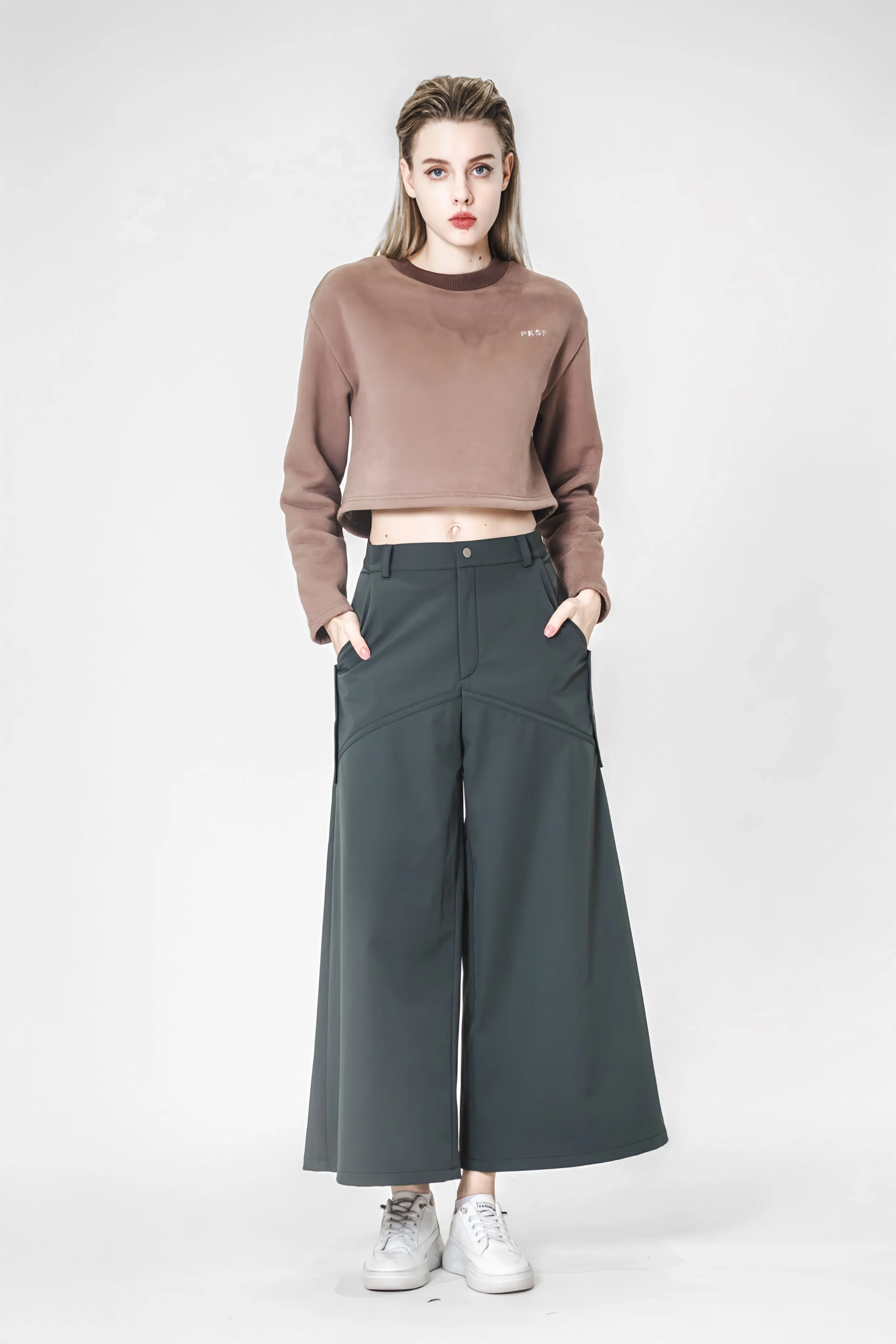 LIGHT BROWN/DARK GREEN UTILITY-STYLE WIDE-LEG PANTS