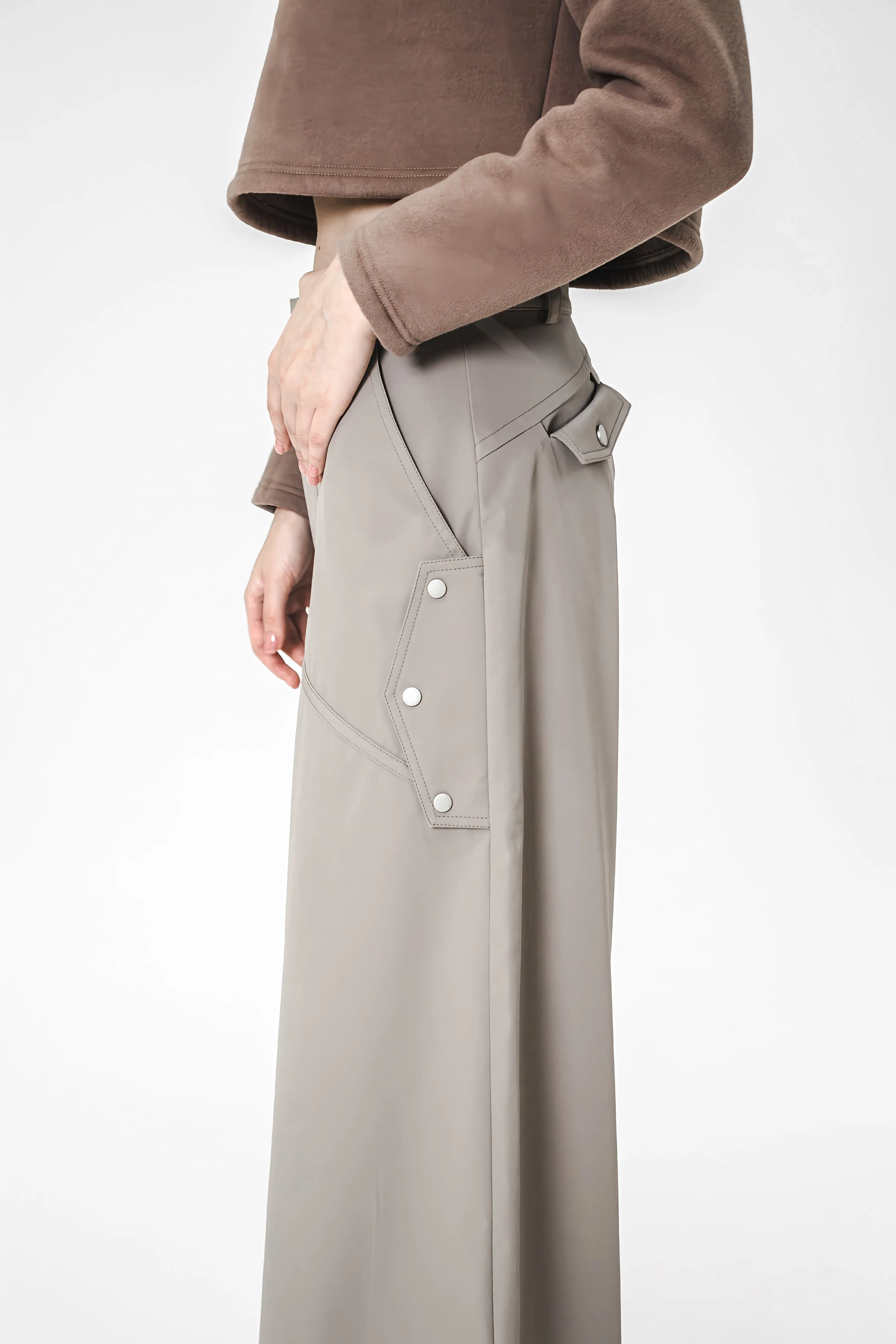 LIGHT BROWN/DARK GREEN UTILITY-STYLE WIDE-LEG PANTS