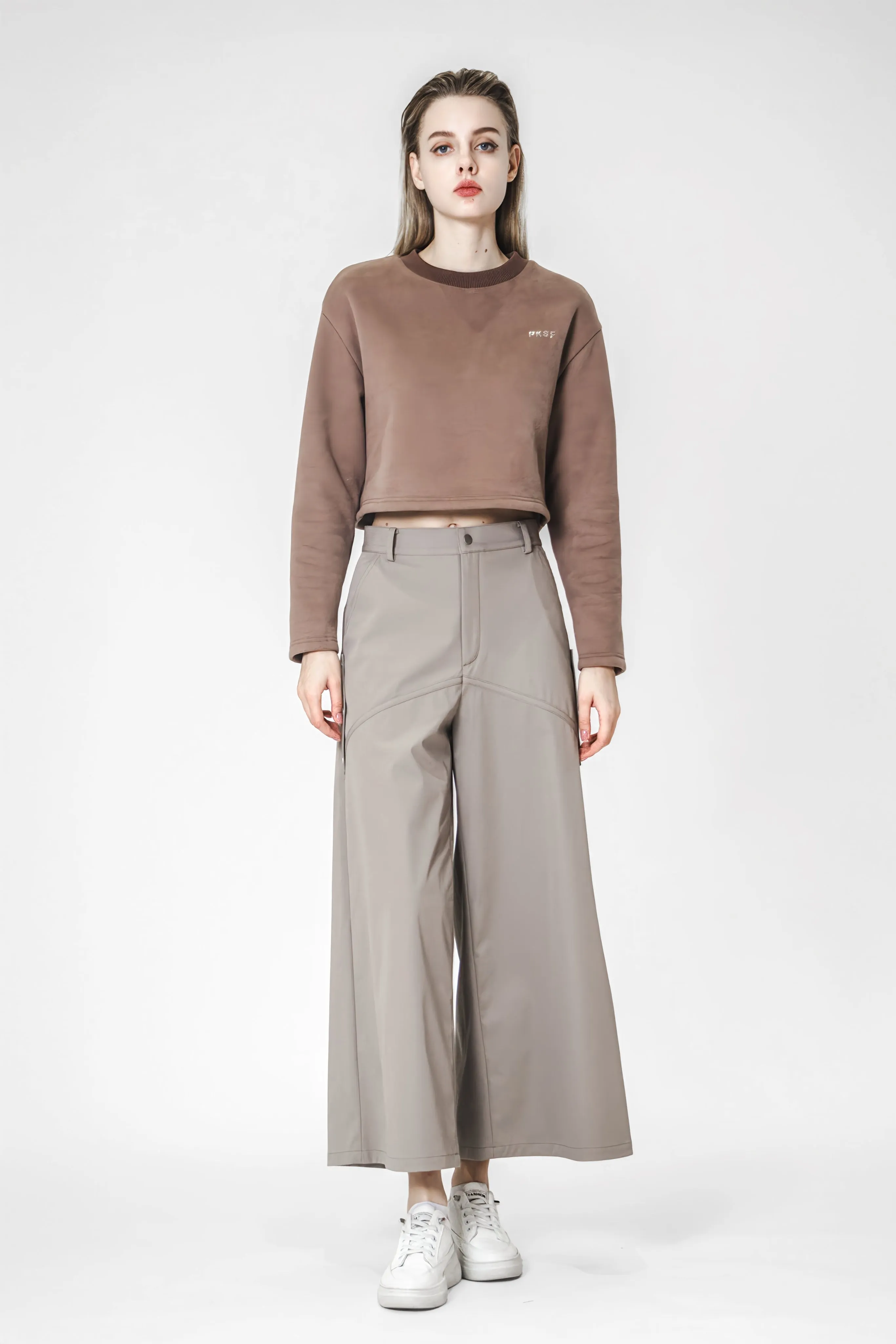 LIGHT BROWN/DARK GREEN UTILITY-STYLE WIDE-LEG PANTS