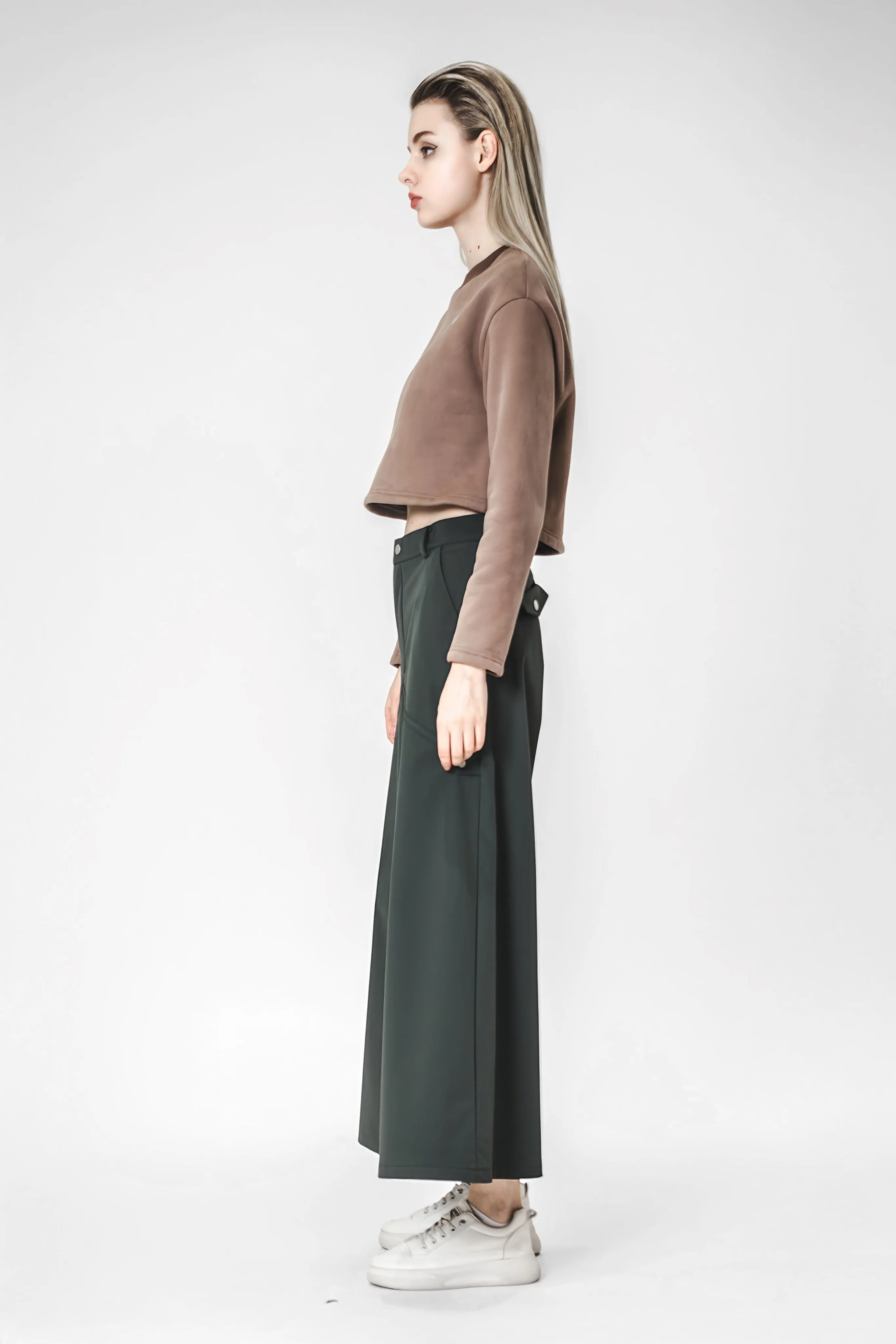 LIGHT BROWN/DARK GREEN UTILITY-STYLE WIDE-LEG PANTS