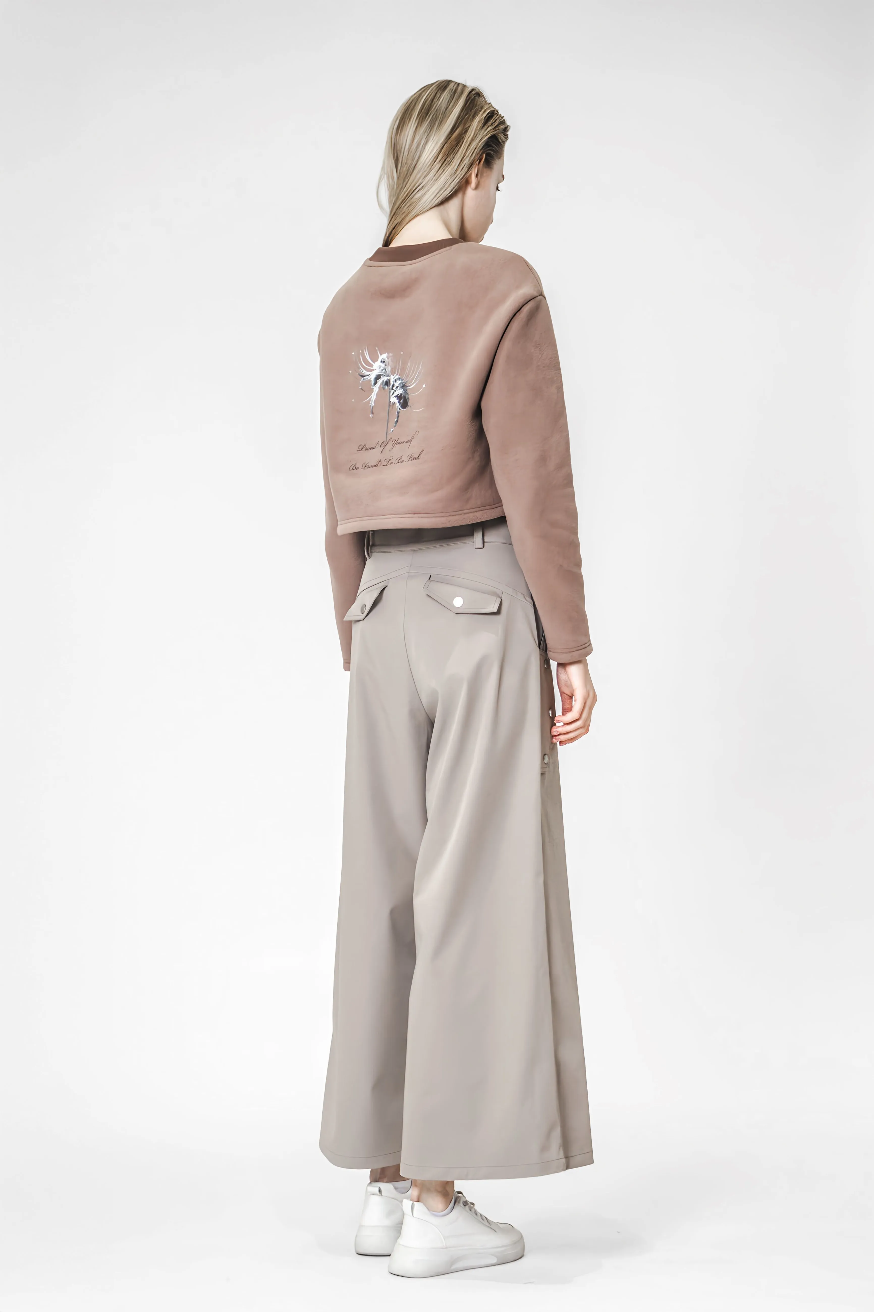 LIGHT BROWN/DARK GREEN UTILITY-STYLE WIDE-LEG PANTS