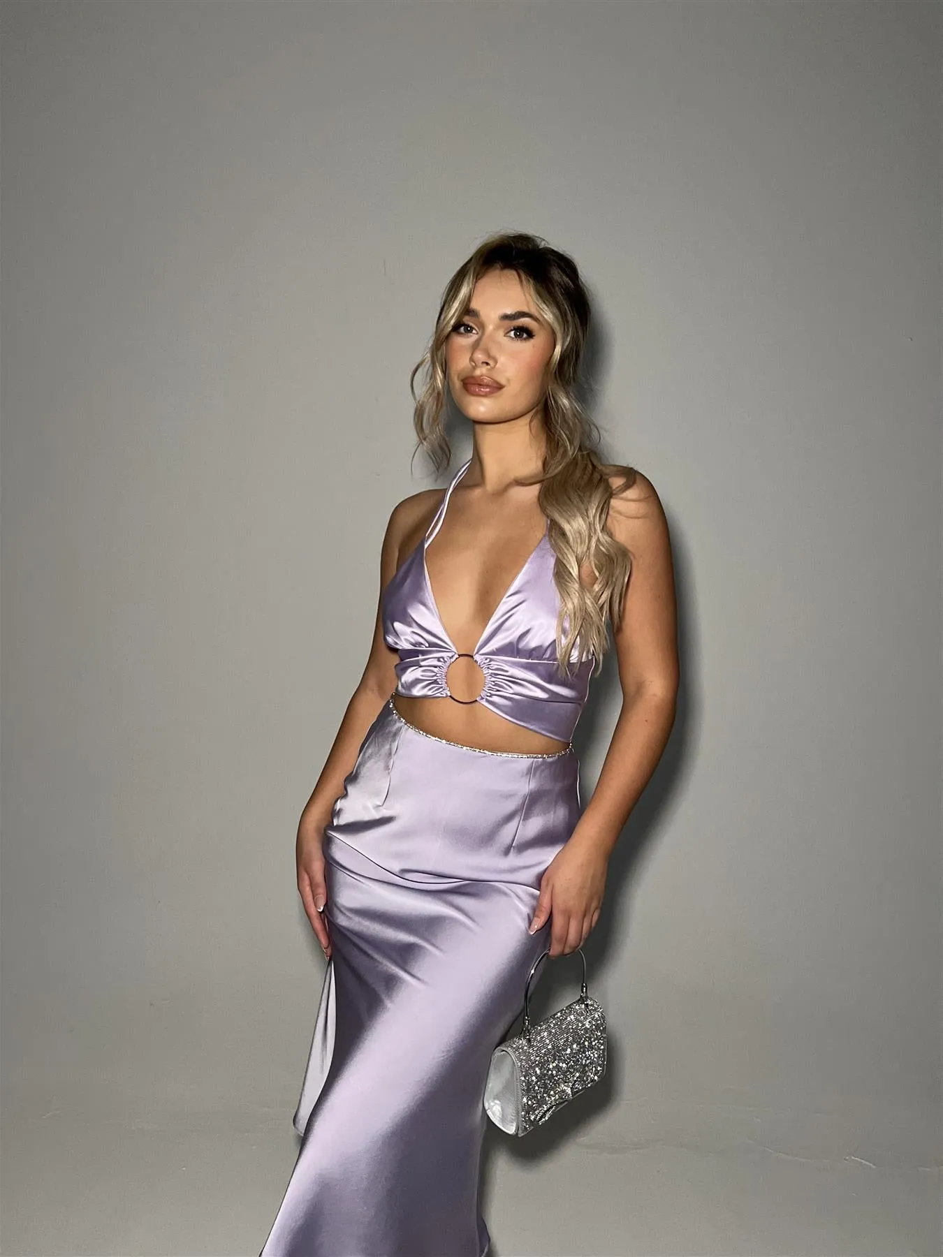 Lilac-Satin Bias-Cut Midi-skirt