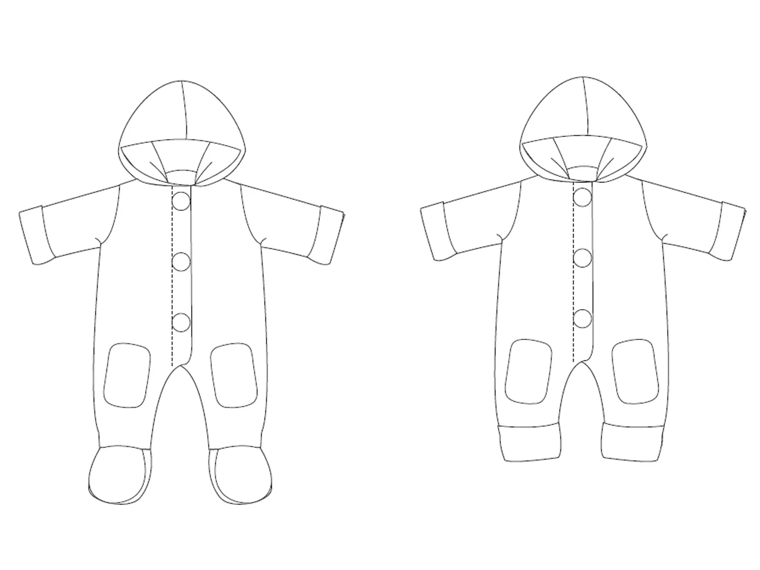 Lined baby overall pattern with hood, romper jumpsuit with feet and arm wrap. Hooded romper onesie sewing pattern DORIAN by Patternforkids