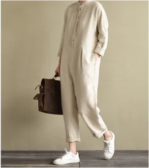 Loose Style Cotton Linen Jumpsuit Women linen  Dresses Long Sleeve