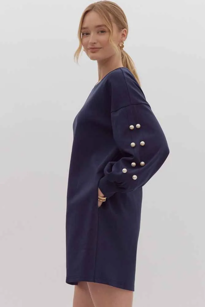 LS Sweater Mini Dress with Pearl Detail in Navy by Entro