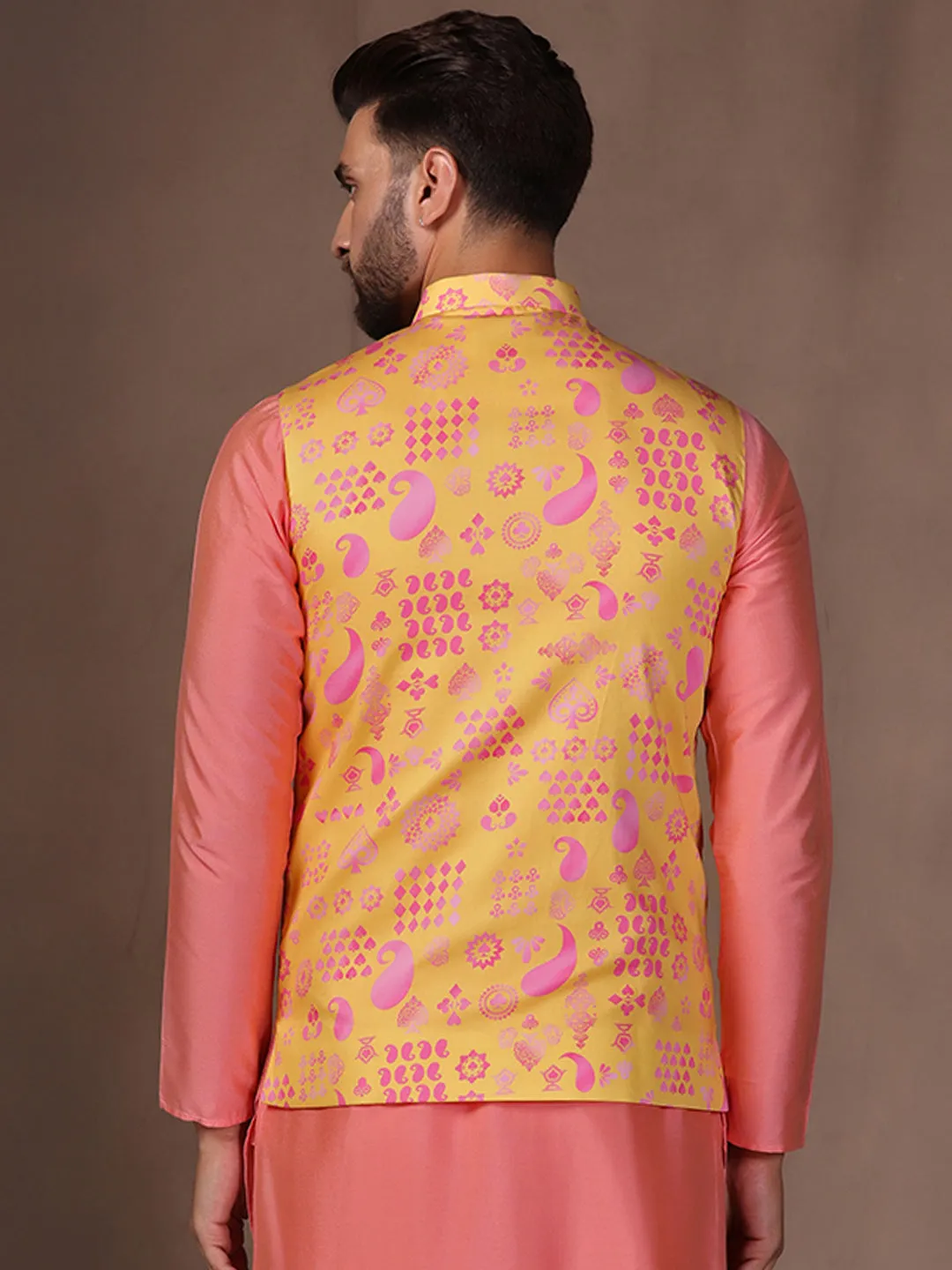 Men Yellow Kurta Jacket Trouser Set