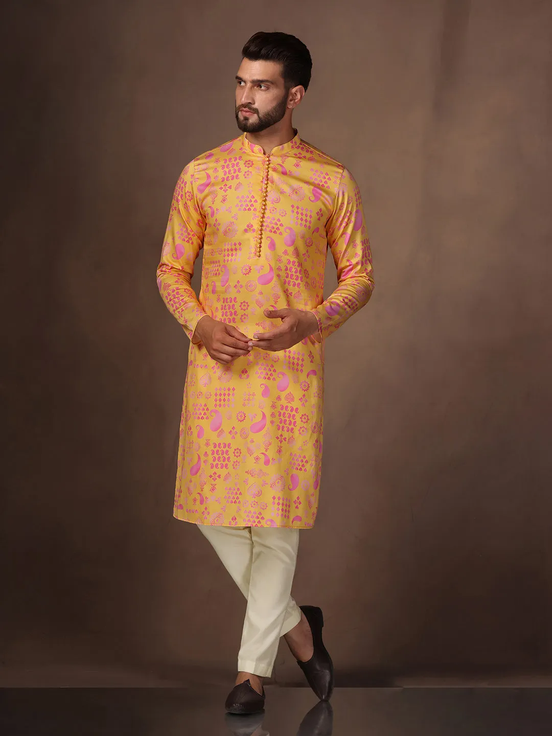 Men Yellow Kurta Jacket Trouser Set