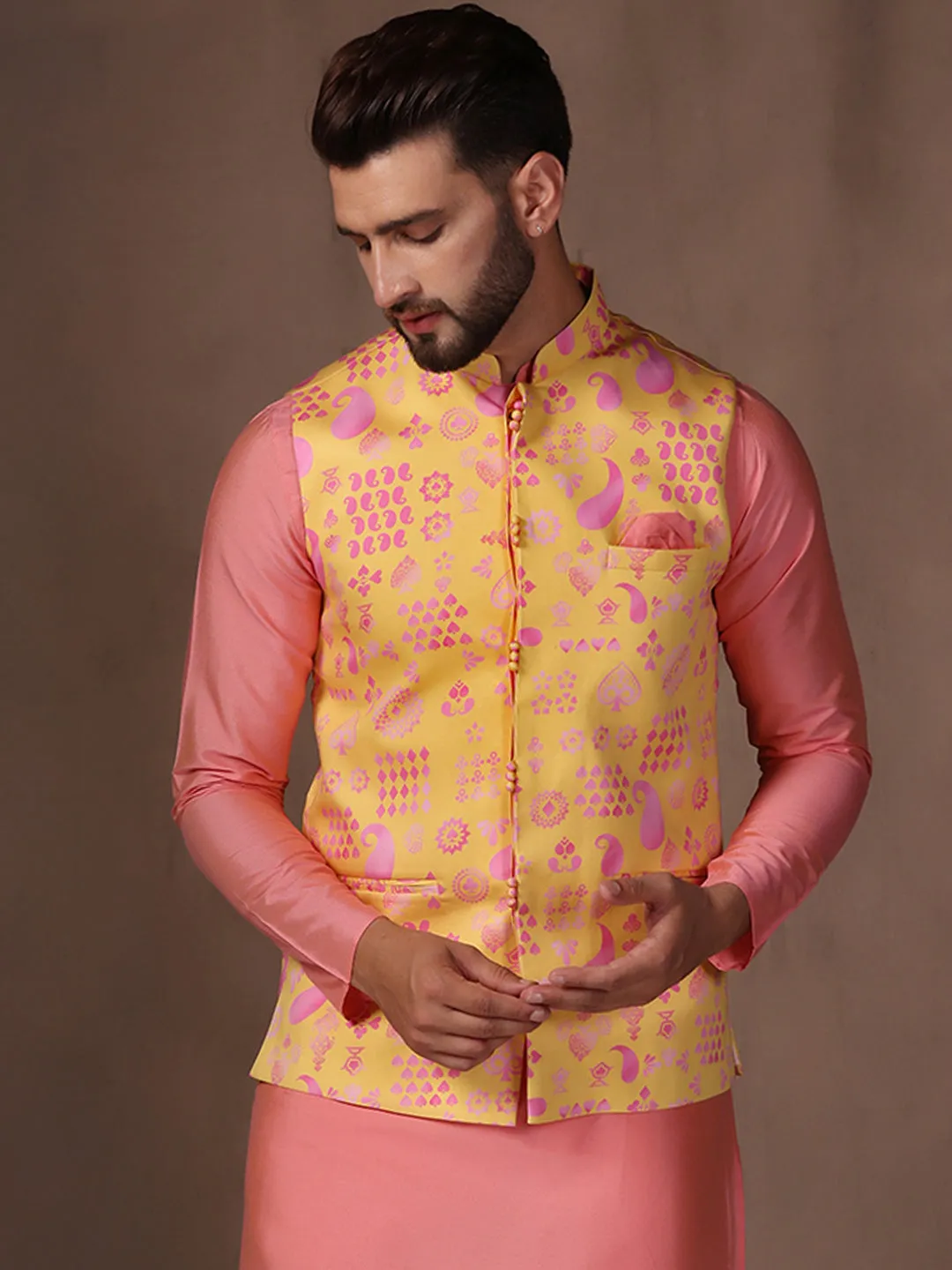 Men Yellow Kurta Jacket Trouser Set