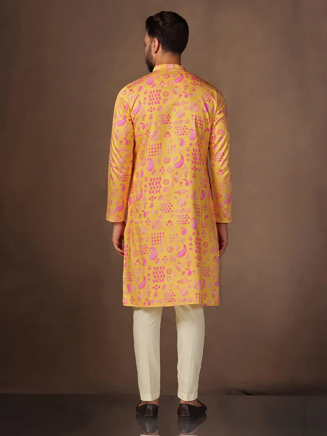 Men Yellow Kurta Jacket Trouser Set