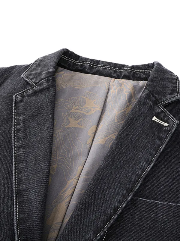 Men's Autumn-Winter Lapel Collar Knit Denim Jacket with Long Sleeves