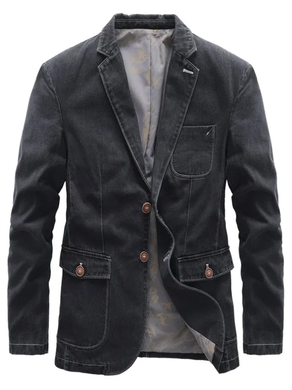 Men's Autumn-Winter Lapel Collar Knit Denim Jacket with Long Sleeves