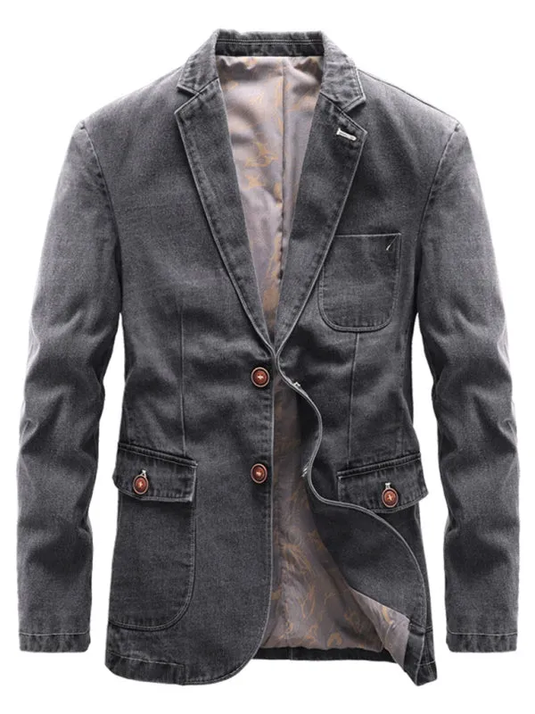 Men's Autumn-Winter Lapel Collar Knit Denim Jacket with Long Sleeves