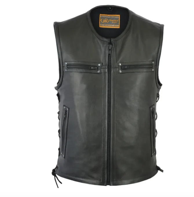 Mens Extra Long Motorcycle Vest Zip Front Solid Back With Gun Pockets Side Laces