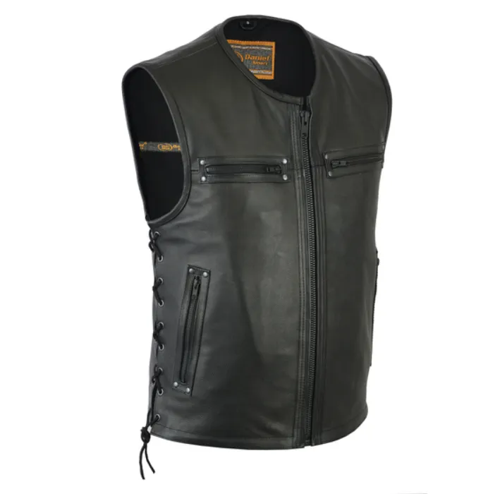 Mens Extra Long Motorcycle Vest Zip Front Solid Back With Gun Pockets Side Laces