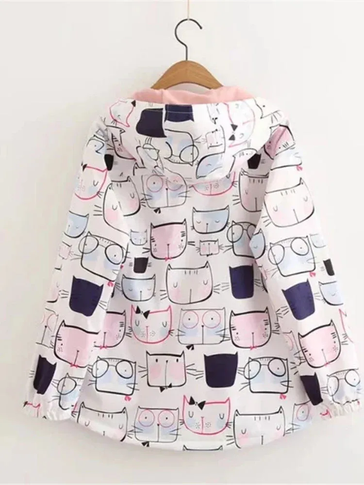 Metaversmall Women Jackets Preppy Style Cute Cat Printed Hooded Jacket Long Sleeve Harajuku Coat Mori Girls' Sweet Outwear S-L