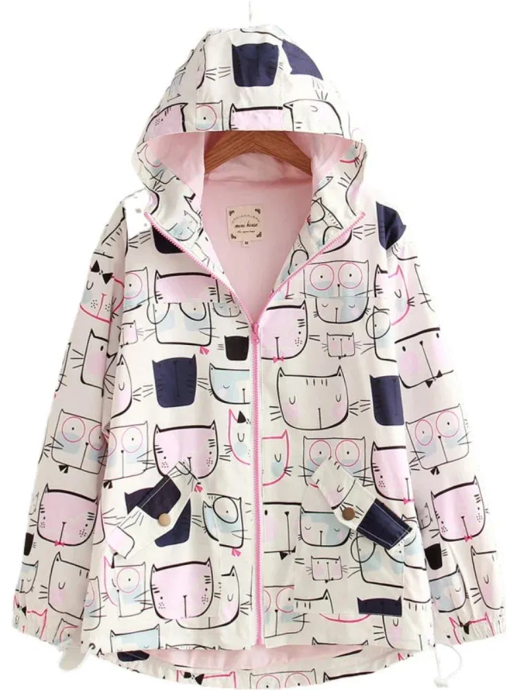 Metaversmall Women Jackets Preppy Style Cute Cat Printed Hooded Jacket Long Sleeve Harajuku Coat Mori Girls' Sweet Outwear S-L