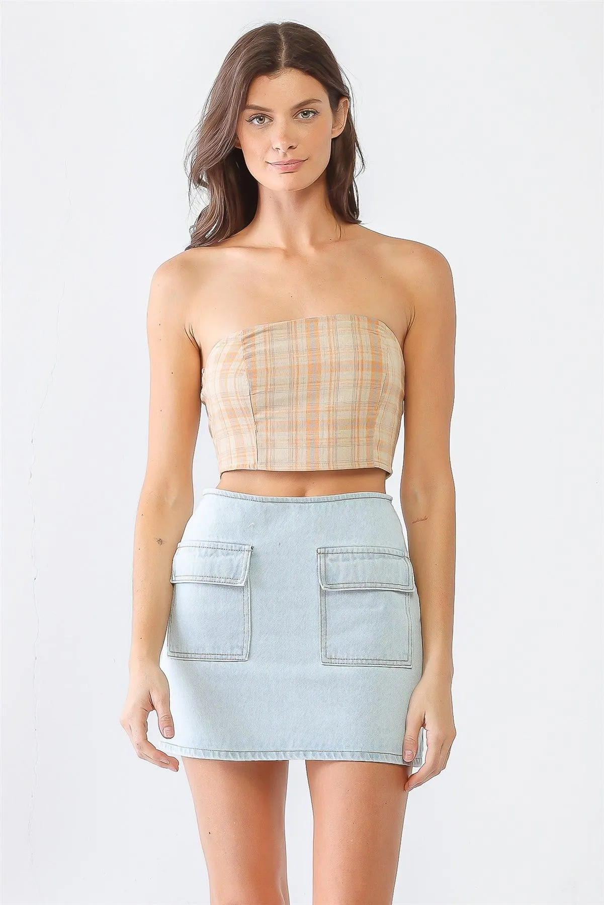 Mustard Plaid Strapless Smocked Tube Crop Top