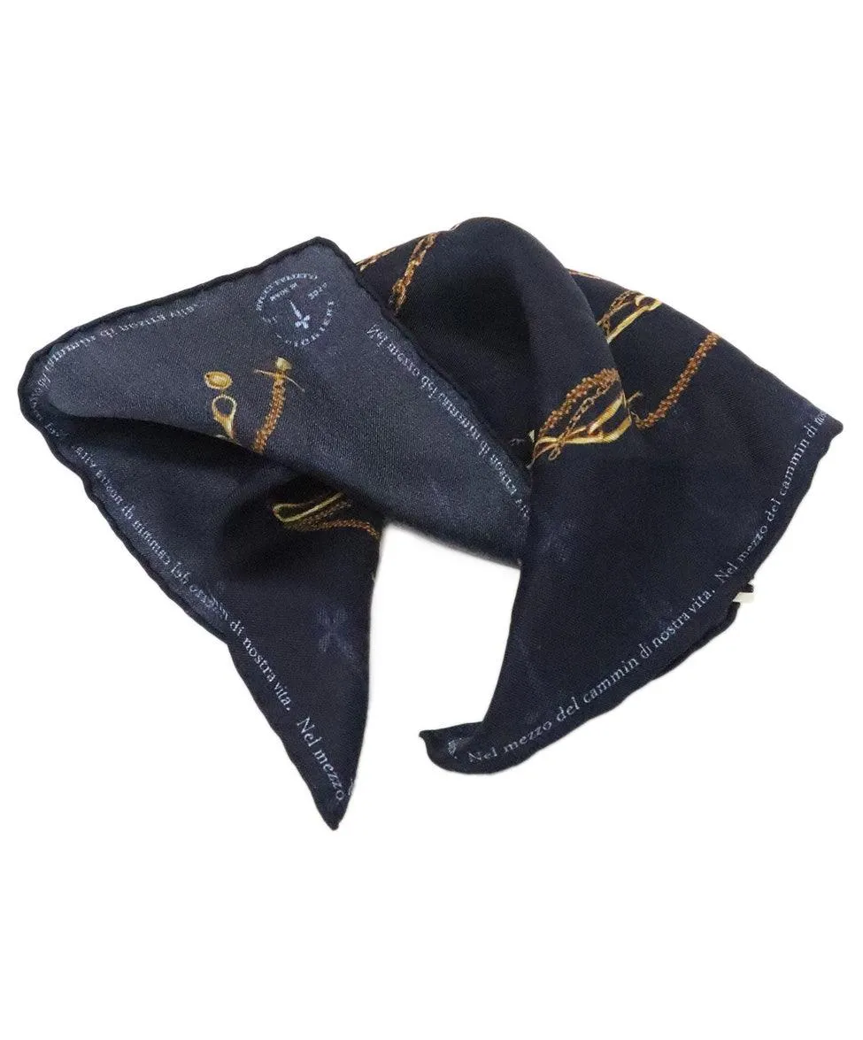 Navy & Gold Print Silk Pocket Square