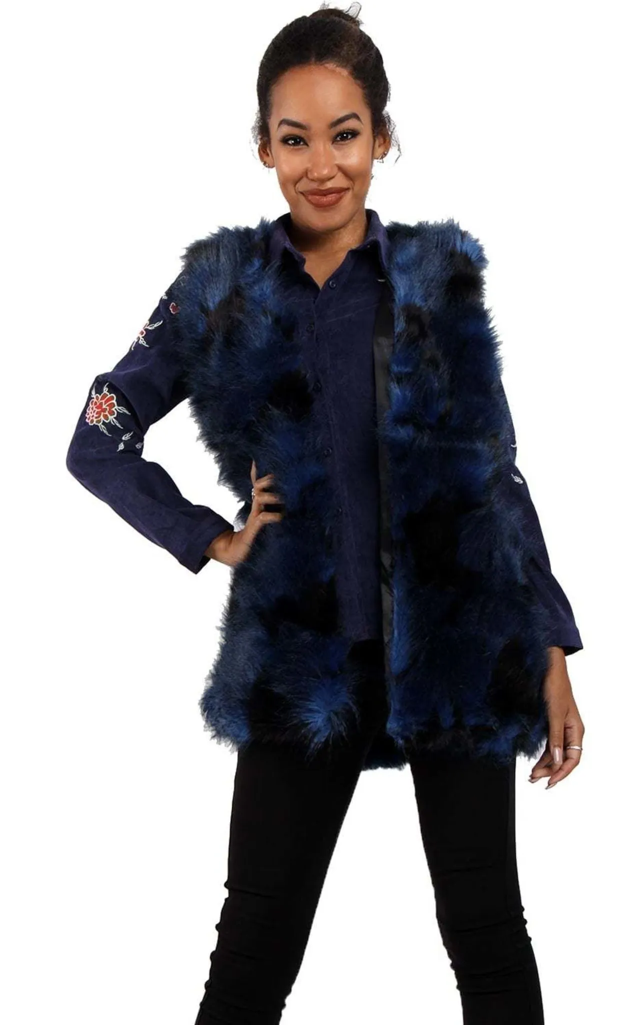 Navy Blue Patchwork Faux Fur Gilet