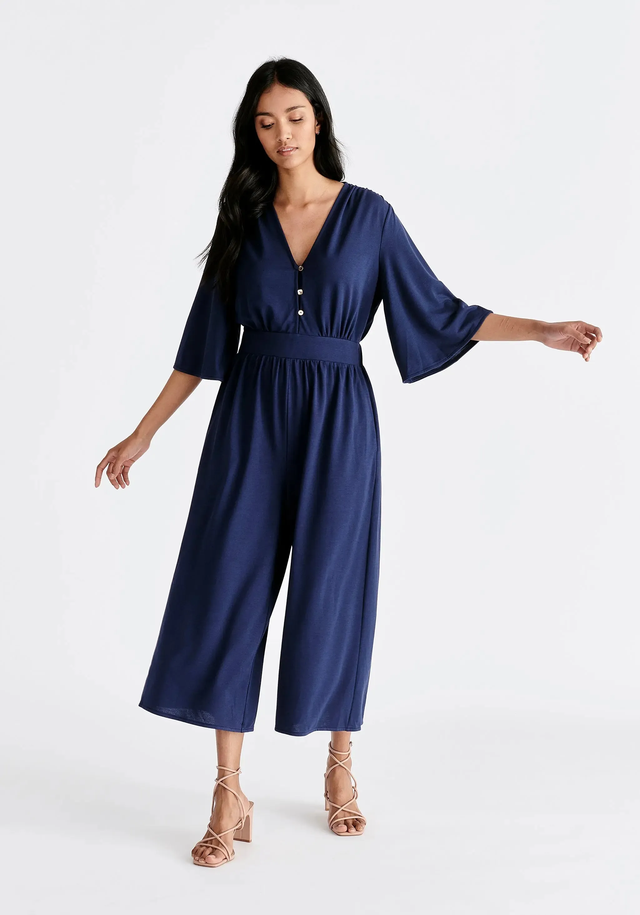 Navy V-Neck Culotte Jumpsuit