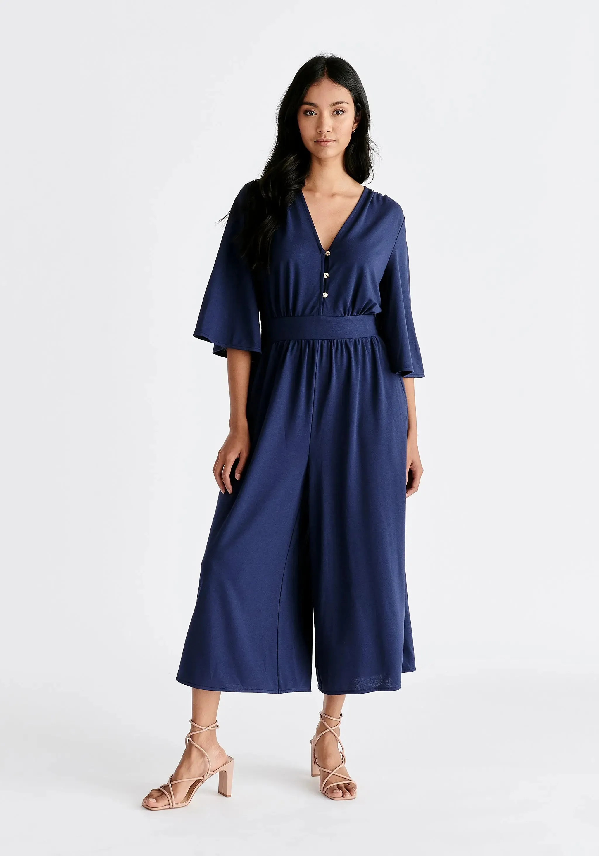 Navy V-Neck Culotte Jumpsuit