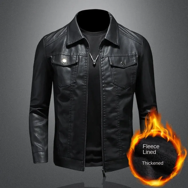 New Trend Men's Leather Jackets Thick Winter Warm Jacket Slim Fit Cool Motorcycle Turn-down Collar Zipper Coats Plus Size