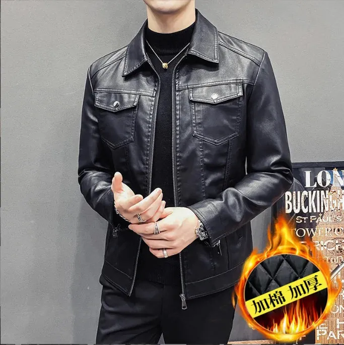 New Trend Men's Leather Jackets Thick Winter Warm Jacket Slim Fit Cool Motorcycle Turn-down Collar Zipper Coats Plus Size