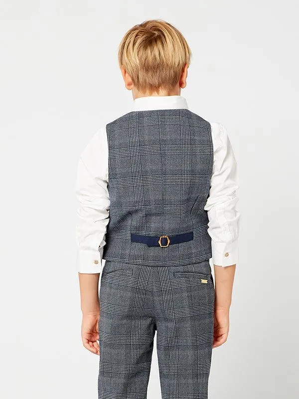 One Friday Navy Blue Checks Waist Coat