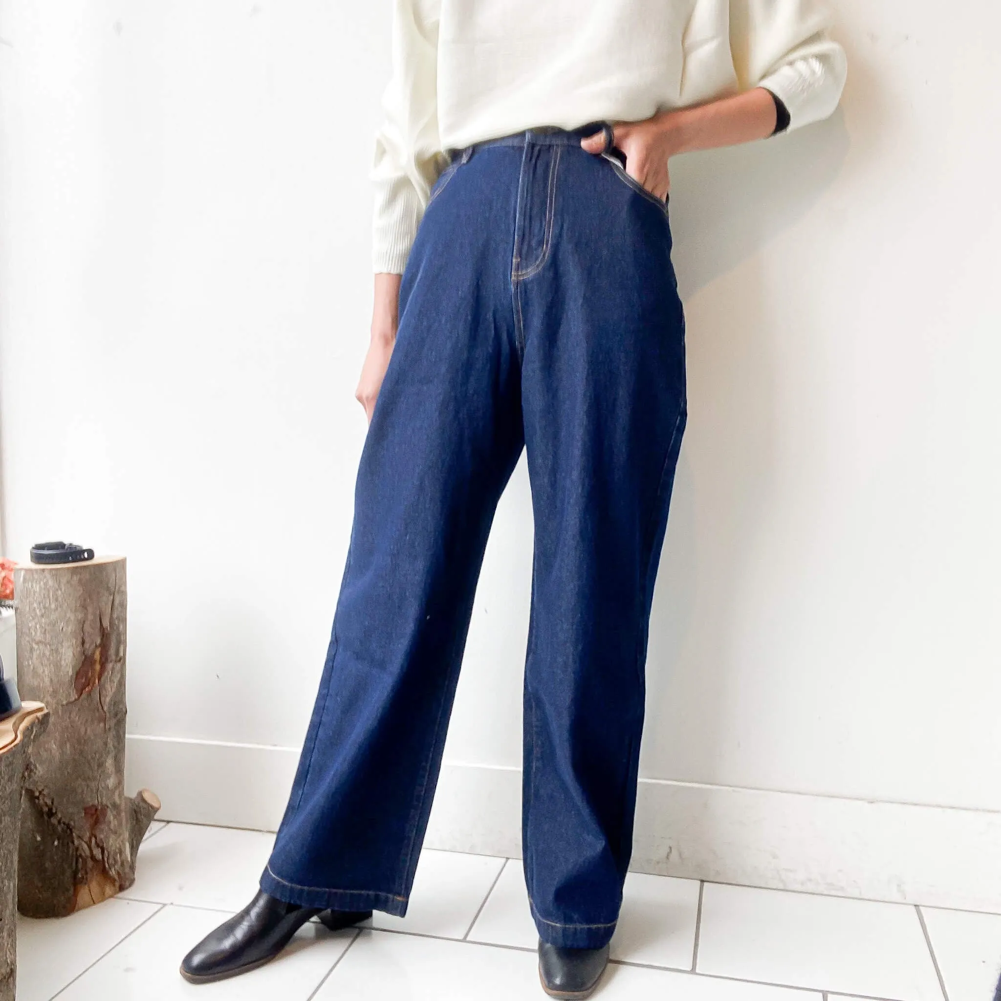 OPTIM | High Waist Cotton Denim Wide Pants