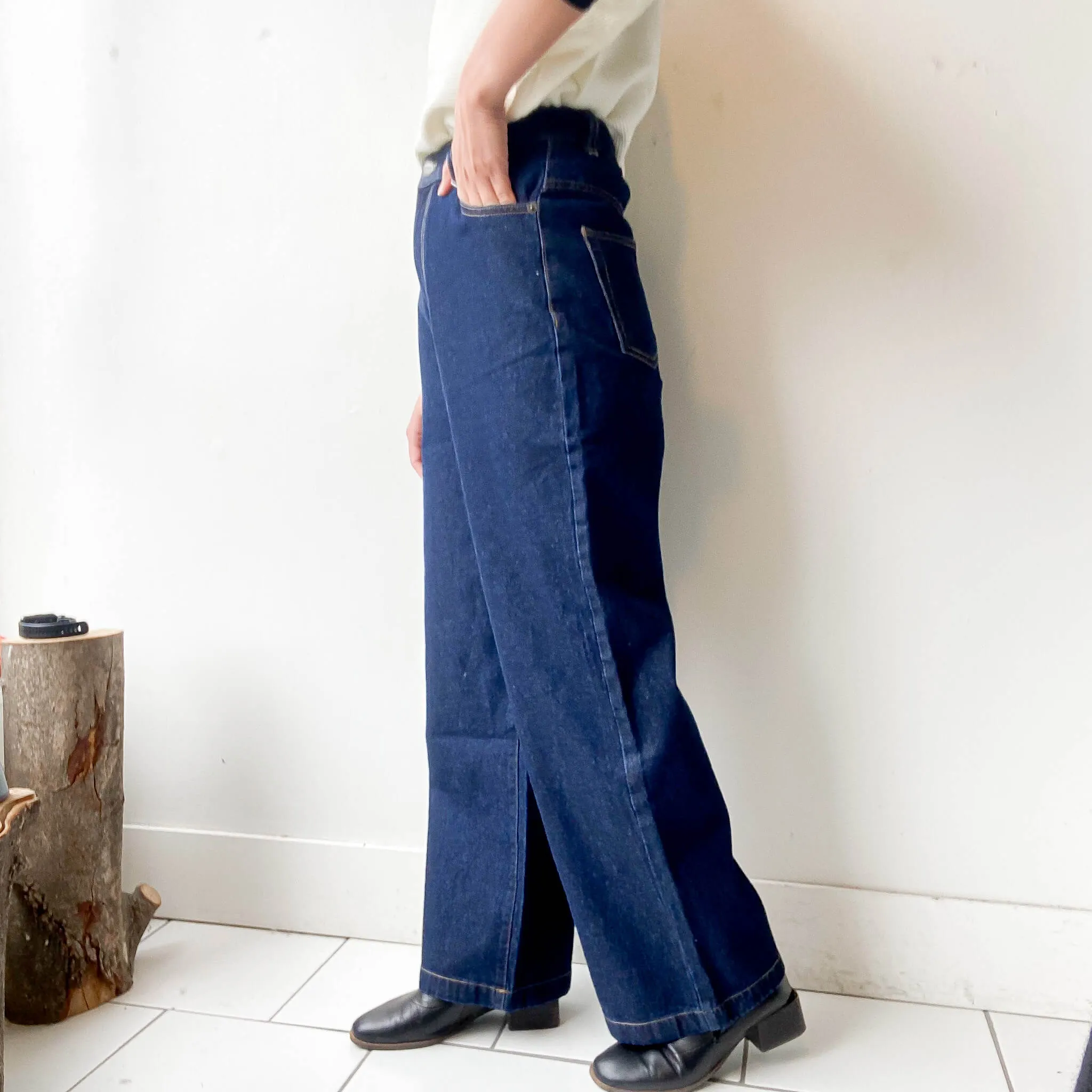 OPTIM | High Waist Cotton Denim Wide Pants