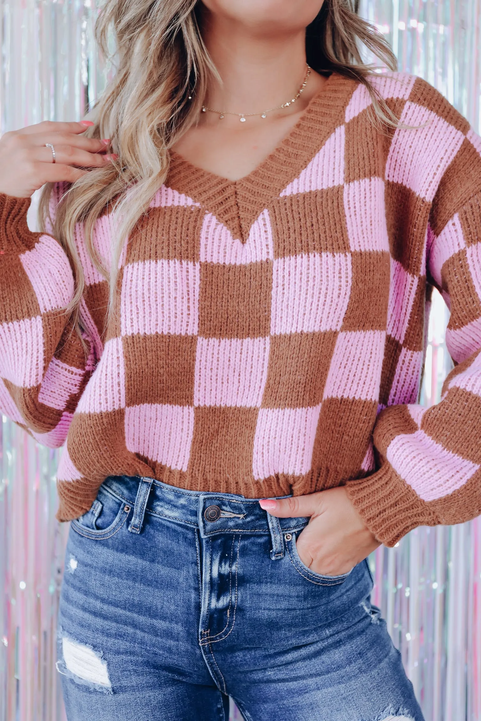 Oversized Checker Print Crop Sweater -Brown/Lavender