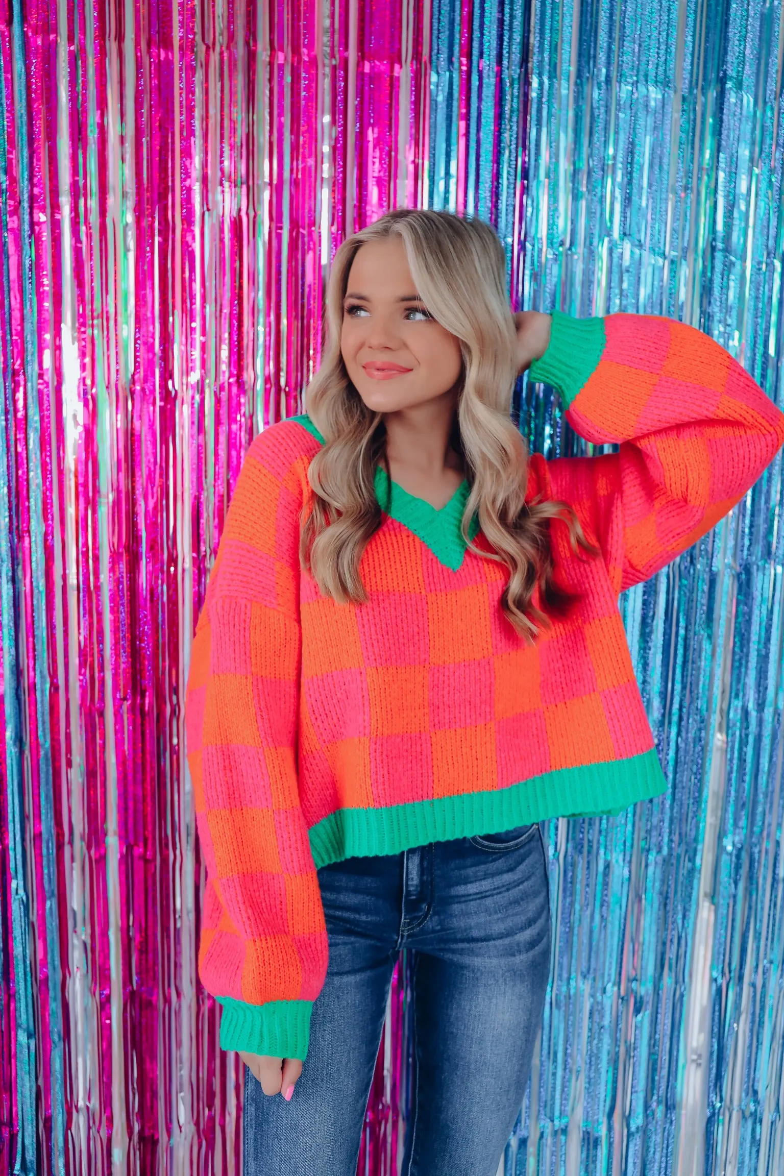 Oversized Checker Print Crop Sweater - Neon Pink/Multi