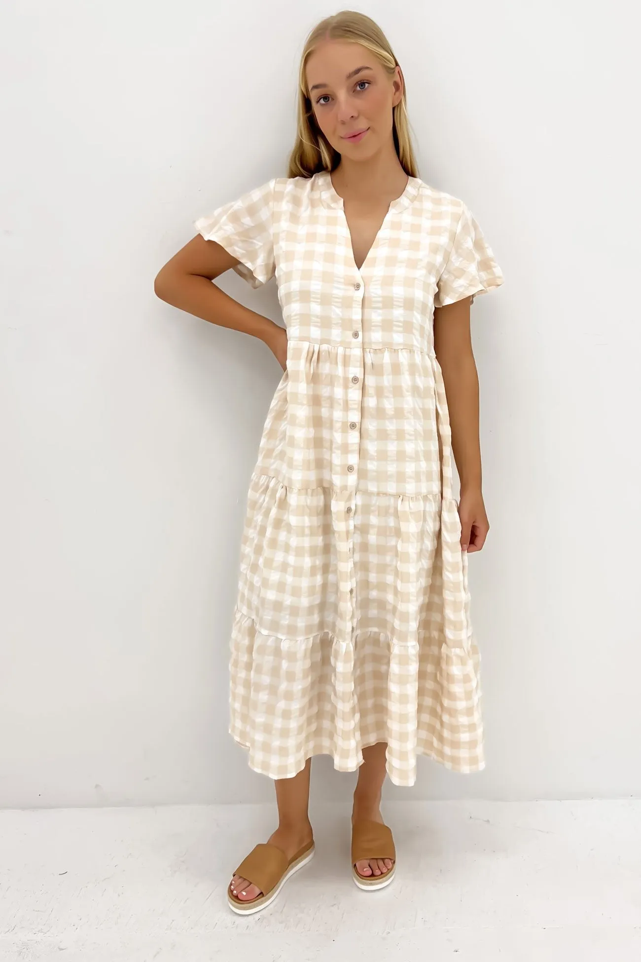 Owen Midi Dress Latte Gingham