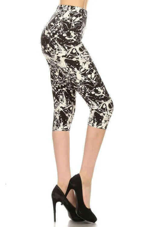 Paint Splatters Printed High Waisted Capri Leggings In A Fitted Style,