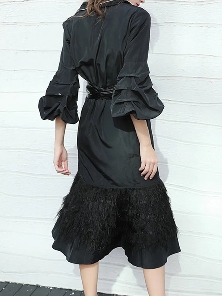 Patchwork Feathers Windweark For Women Lapel Long Sleeve High Waist Lace Up Solid Minimalsit Female Trench Coat