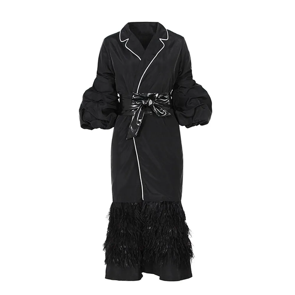 Patchwork Feathers Windweark For Women Lapel Long Sleeve High Waist Lace Up Solid Minimalsit Female Trench Coat