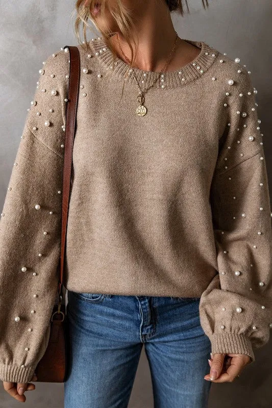 Pearl Drop Shoulder Round Neck Sweater