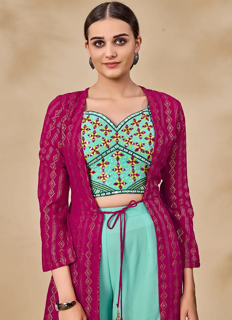 Pink And Blue Embroidered Jacket Style Palazzo Suit