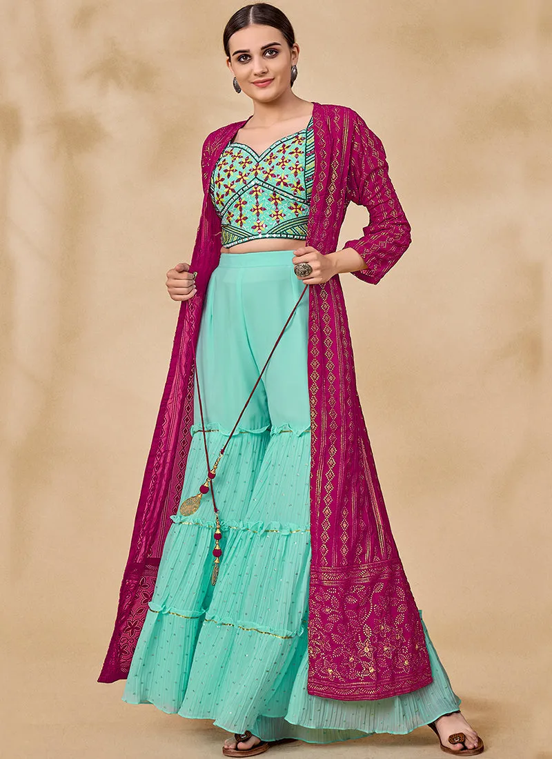 Pink And Blue Embroidered Jacket Style Palazzo Suit