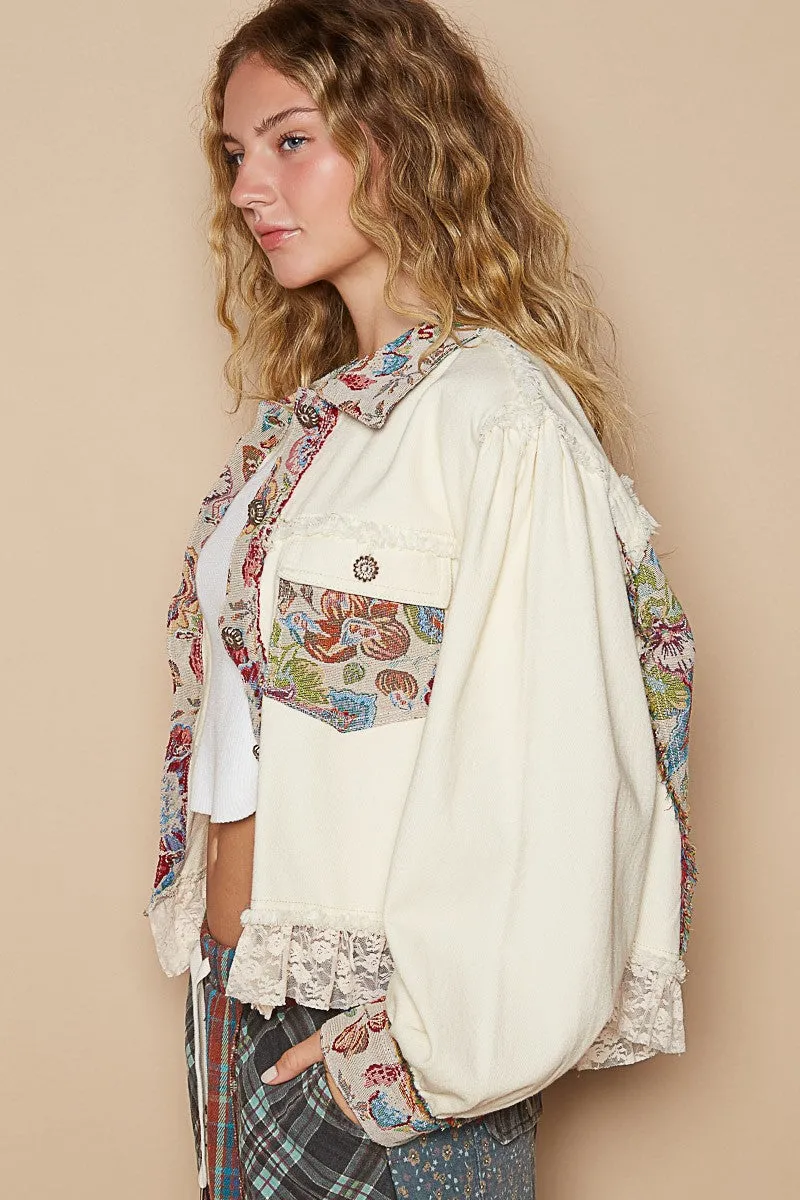 POL CROPPED Twill Jacket with Floral and Lace Details in Cream