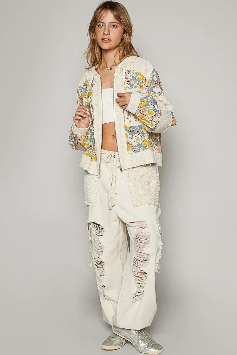 POL Print and Patch Woven Jacket in Oatmeal Floral