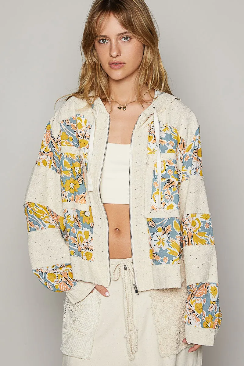 POL Print and Patch Woven Jacket in Oatmeal Floral