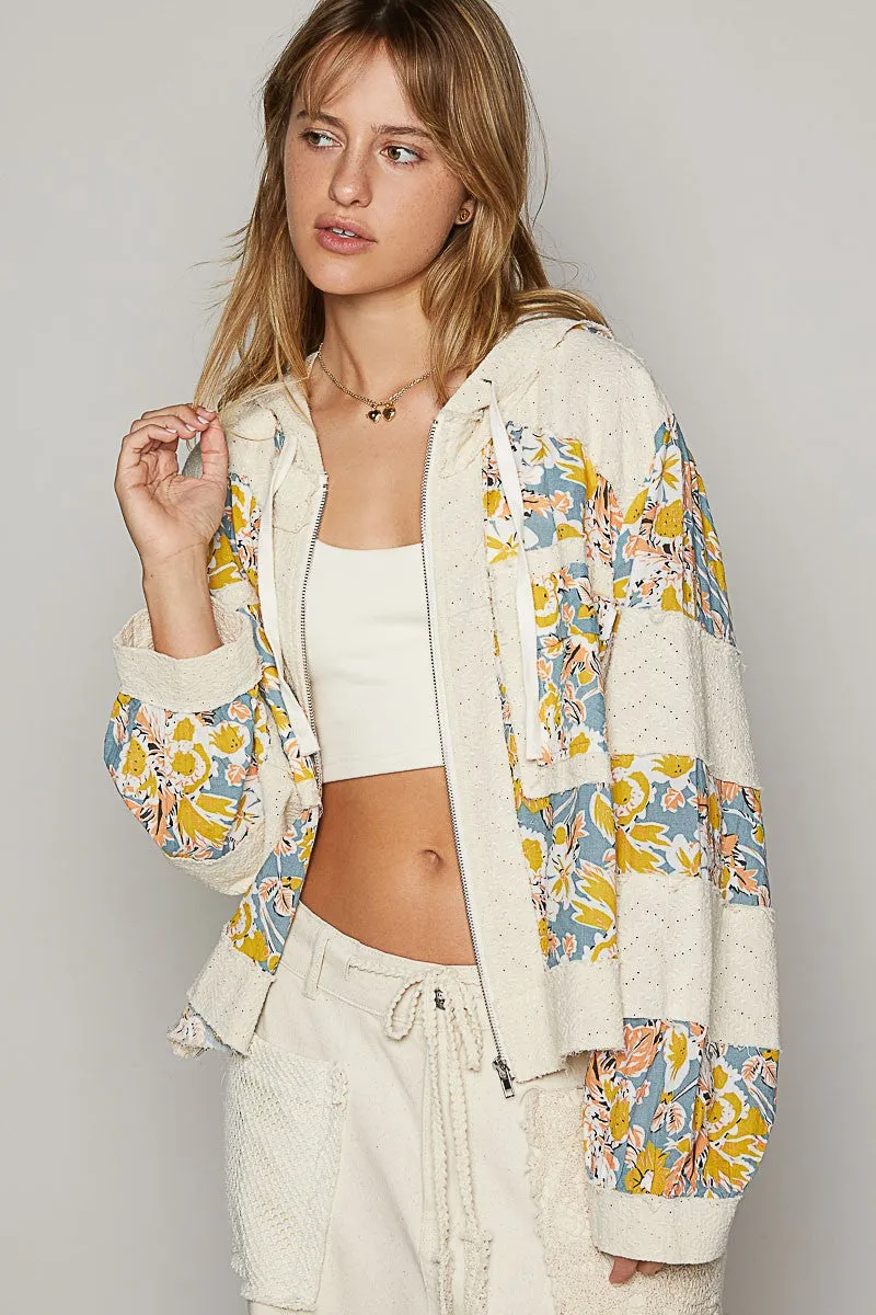 POL Print and Patch Woven Jacket in Oatmeal Floral