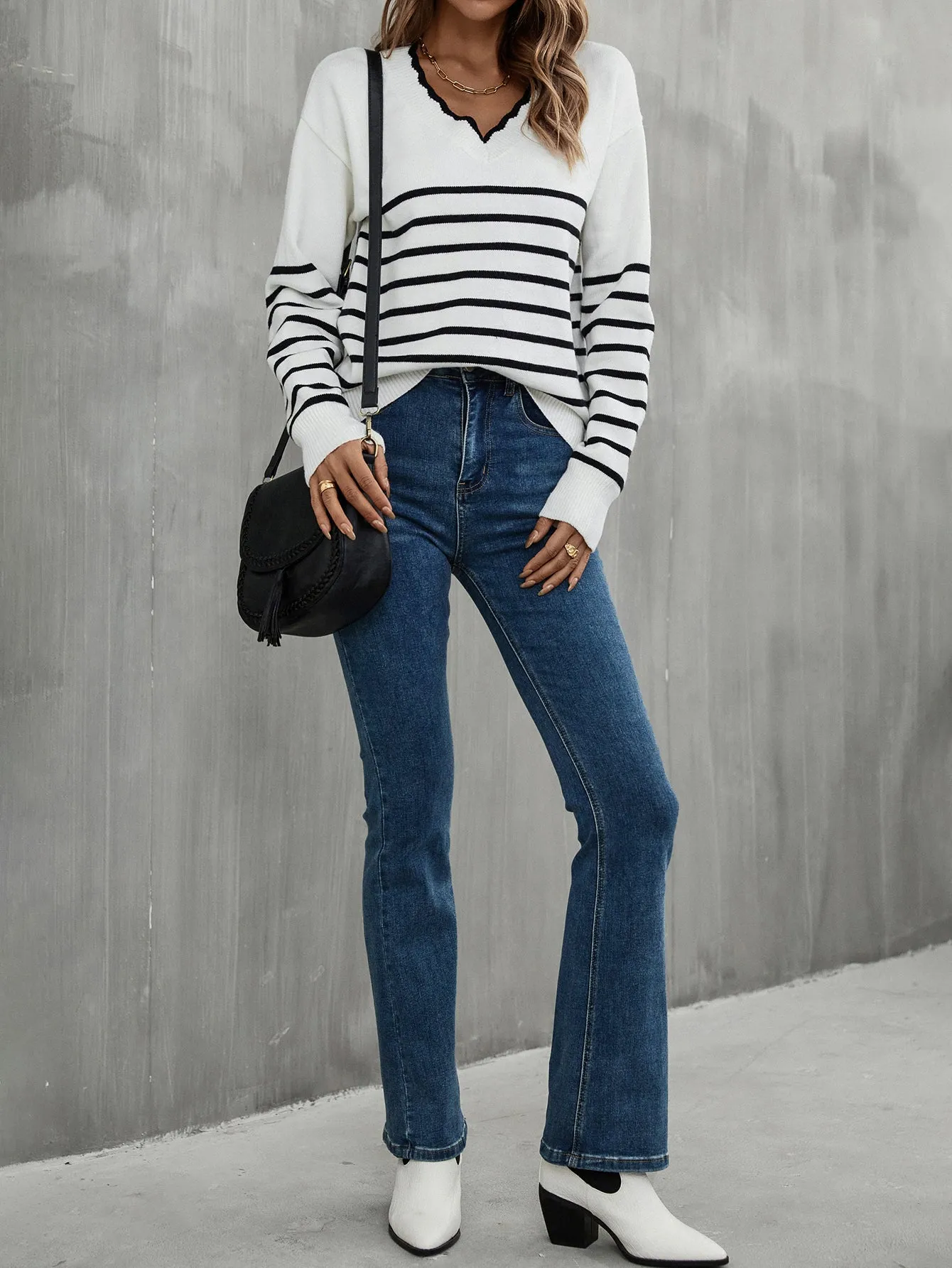 Pullover V Neck Striped Sweater