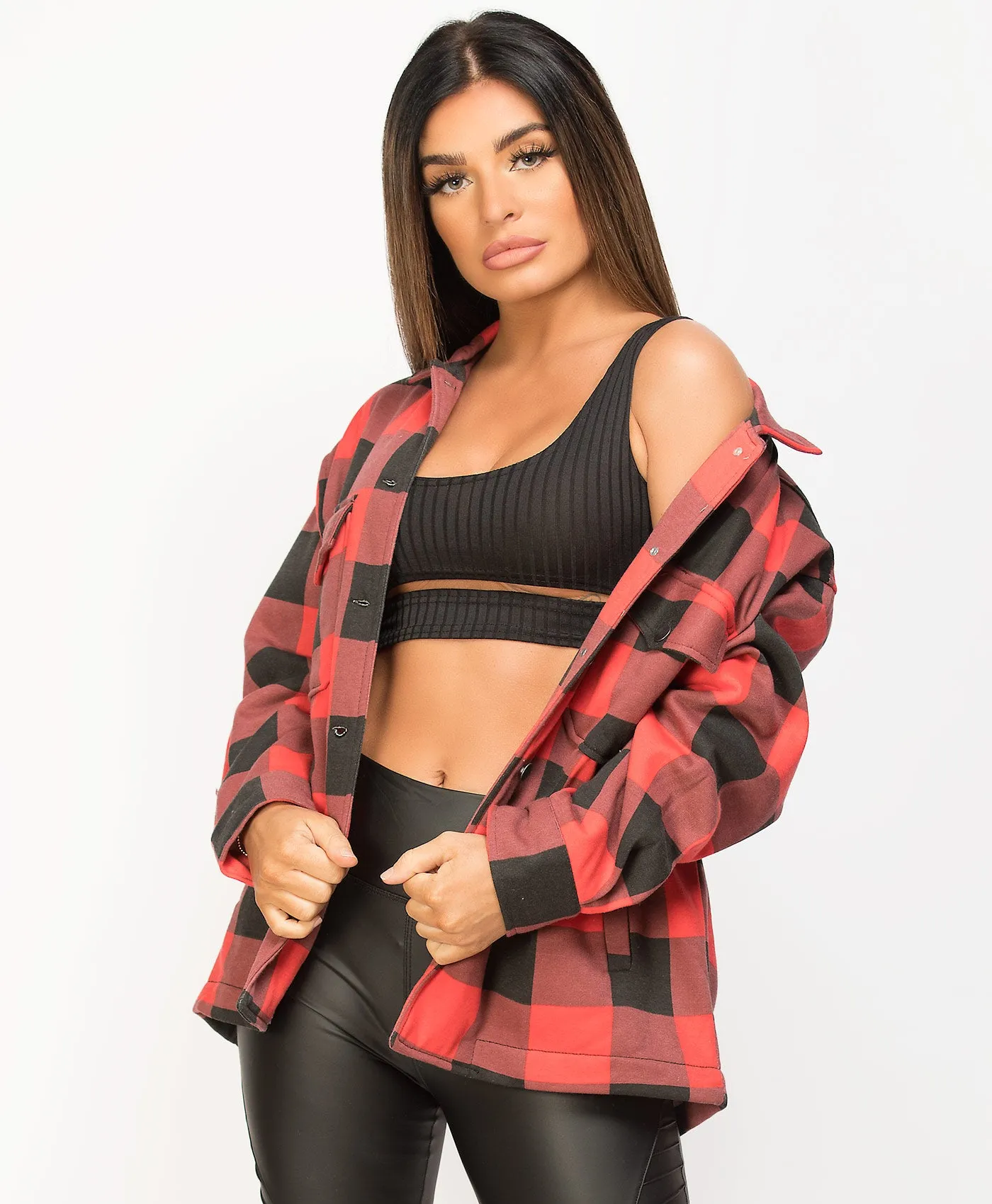 Red Black Fleece Oversized Check Shirt Shacket