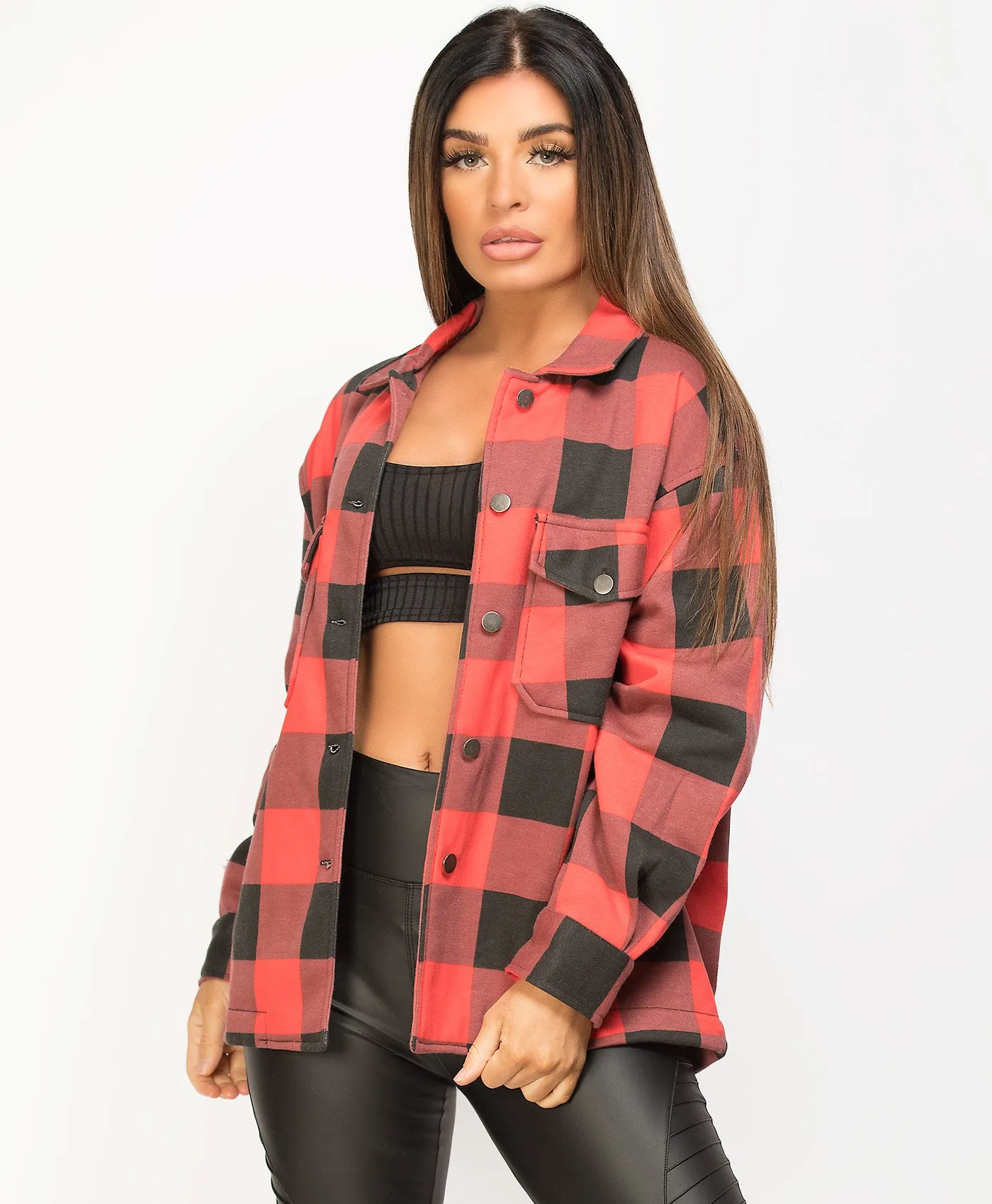 Red Black Fleece Oversized Check Shirt Shacket