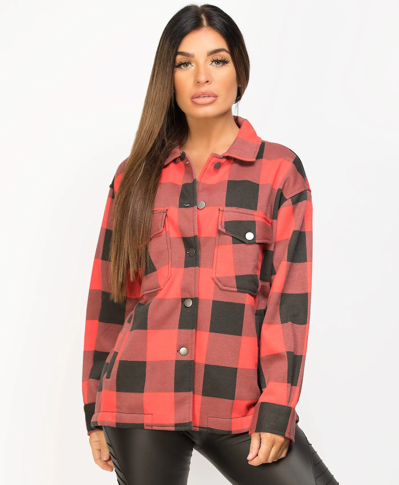 Red Black Fleece Oversized Check Shirt Shacket